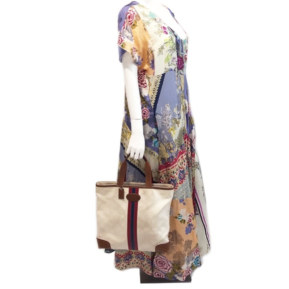 Vintage Coach Bag Tote Signature Stripe Canvas and Leather Shopper Tote #6644 - Picture 2 of 8